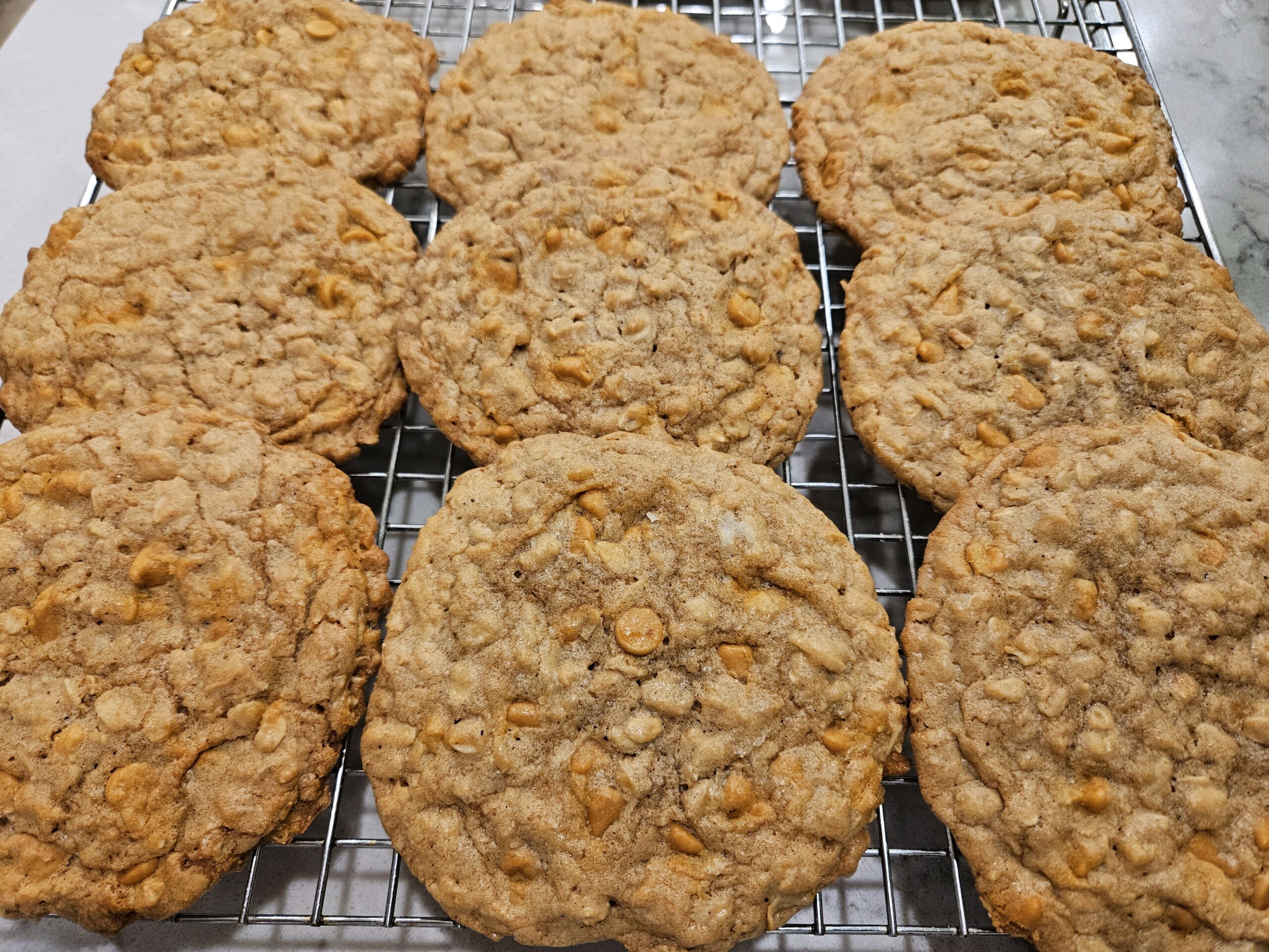 Close-up of freshly baked sourdough discard butterscotch oatmeal cookies with coconut, featuring a golden-brown, soft texture, and visible butterscotch chips, oats, and coconut flakes on a cooling rack.